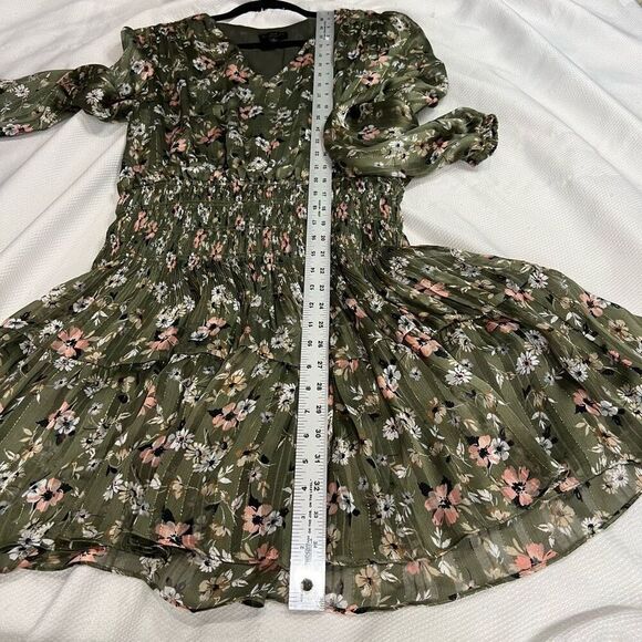 Current Air Green‎ Floral Long Sleeve Smocked Waist V Neck Dress Sz M - Picture 4 of 9